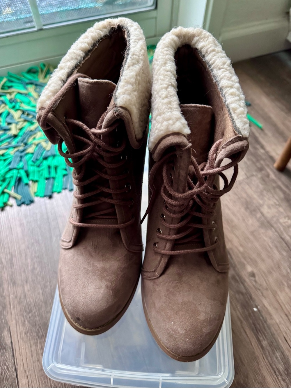 Wet Seal Brown Lace-Up Faux-Suede Ankle Boots with Shearling Collar